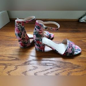 Pink floral block heel sandals
